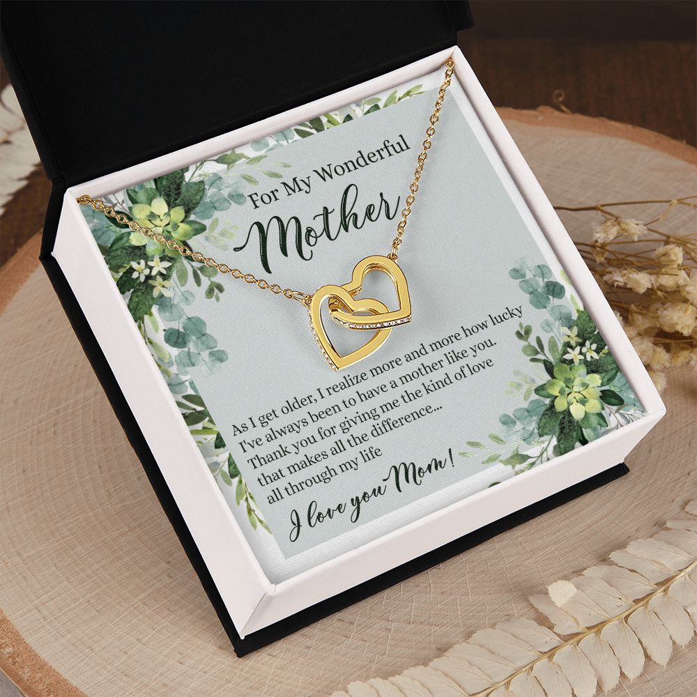 To My Wonderful Mother Necklace Message Card, Gift Box for Mom Birthday Gift From Daughter Mothers Day Necklace for Mom Gift From Daughter Mom Gifts For Mom Thank You Gift For Mom Interlocking Hearts Necklace