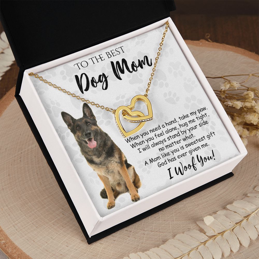 To The Best German Shepherd Dog Mom Knot Necklace Mother's Day Gift , I Woof You Quote Gift Card, Message Card Jewelry For Dog Lovers, Necklace For Mom Interlocking Hearts Necklace