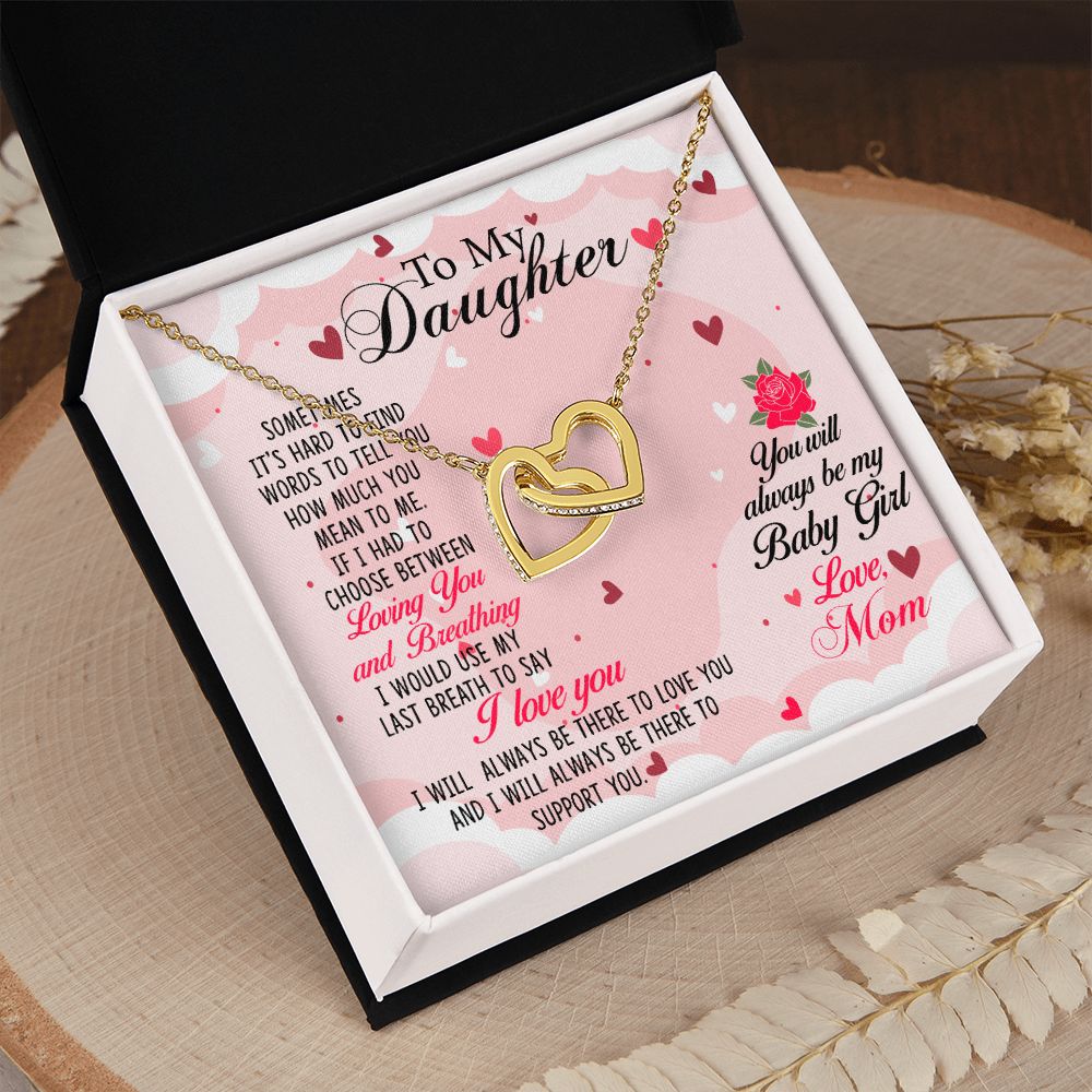 To my Daughter Necklace Pendant Gift From Mom Loving You And Breathing With Message Card Gift Box Gift For To Daughter, Daughter In Law On Birthday Anniversary Interlocking Hearts Necklace