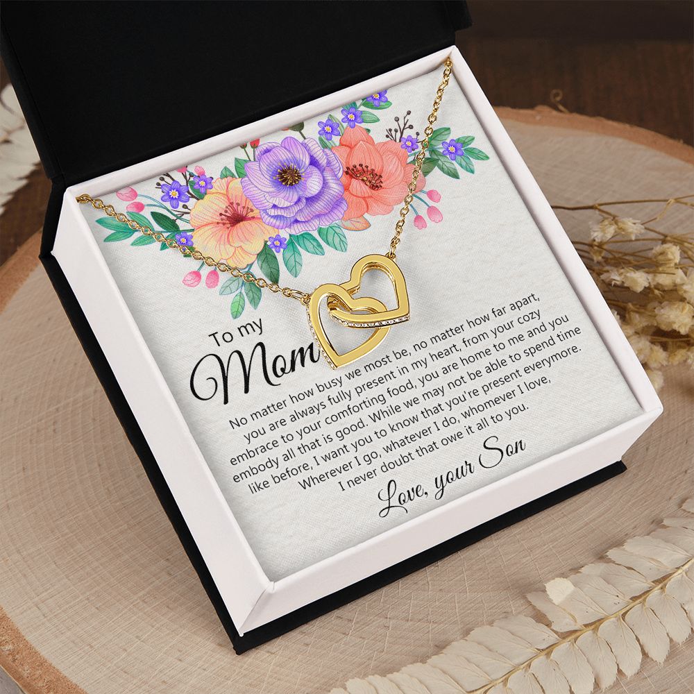 To my Mom Love Your Son Necklace, Meaningful Gift for Mom Necklace Jewelry for Women, Gift for Mom from Son, Son to Mom Jewelry Box, Mom Gift on Mother's Day Birthday Holiday Present Interlocking Hearts Necklace
