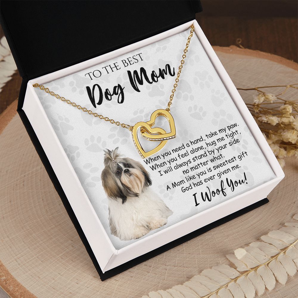 To The Best Shih Tzu Dog Mom Knot Necklace Mother's Day Gift , I Woof You Quote Gift Card, Message Card Jewelry For Dog Lovers, Necklace For Mom Interlocking Hearts Necklace