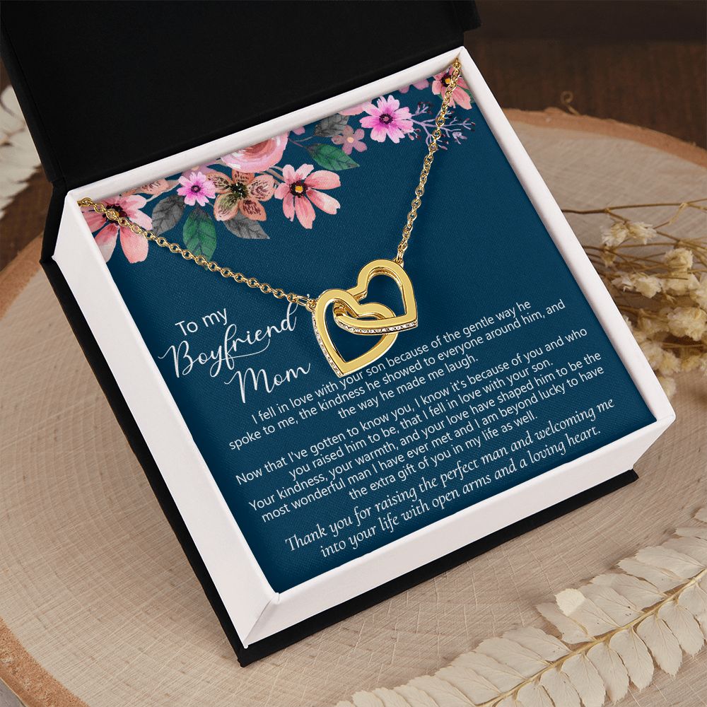 To My Boyfriend's Mom Gift Boyfriend Mother Solid Gold Necklace for Christmas Birthday Mother's Day, Message Card to Mother in Law Interlocking Hearts Necklace