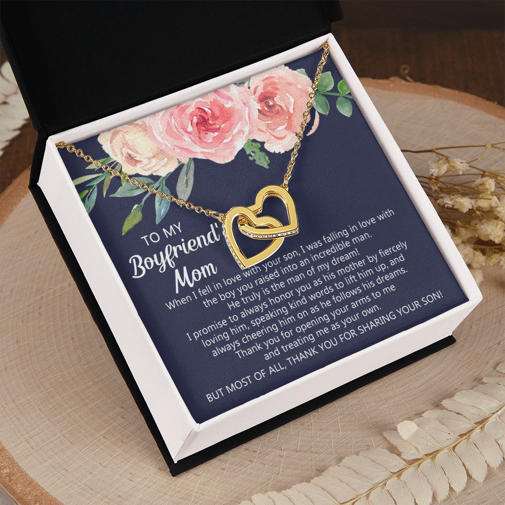 Personalized Gift for Boyfriends Mom, Boyfriends Mom Gift, Message Card Jewelry, To My Boyfriend's Mom Necklace with Message Card, Birthday Mother's Day Necklace for Boyfriend Mother Interlocking Hearts Necklace