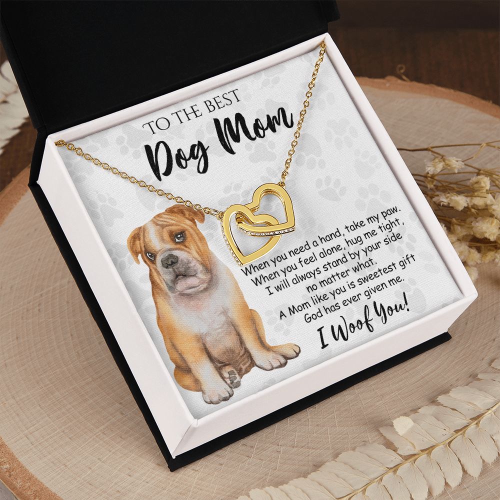 To The Best BullDog Mom Knot Necklace Mother's Day Gift , I Woof You Gift Card, Message Card Jewelry For Dog Lovers, Necklace For Mom Interlocking Hearts Necklace