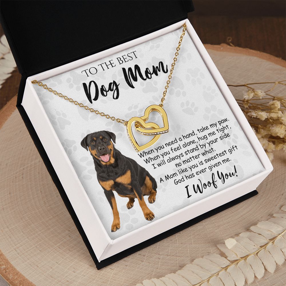 To The Best Rottweiler Dog Mom Knot Necklace Mother's Day Gift , I Woof You Quote Gift Card, Message Card Jewelry For Dog Lovers, Necklace For Mom Interlocking Hearts Necklace