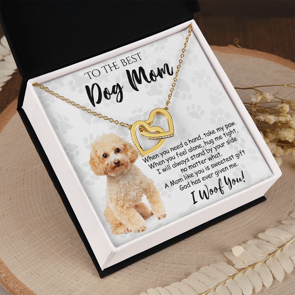 To The Best Poodle Dog Mom Knot Necklace Mother's Day Gift , I Woof You Quote Gift Card, Message Card Jewelry For Dog Lovers, Necklace For Mom Interlocking Hearts Necklace