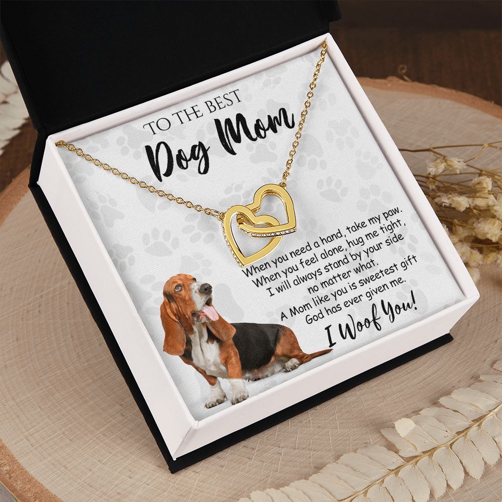 To The Best Basset Hound Dog Mom Knot Necklace Mother's Day Gift , I Woof You Quote Gift Card, Message Card Jewelry For Dog Lovers, Necklace For Mom Interlocking Hearts Necklace