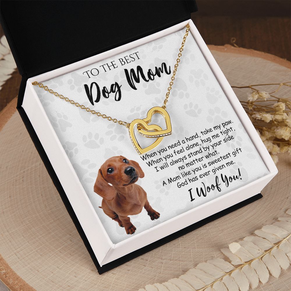 To The Best Dachshund Dog Mom Knot Necklace Mother's Day Gift , I Woof You Quote Gift Card, Message Card Jewelry For Dog Lovers, Necklace For Mom Interlocking Hearts Necklace