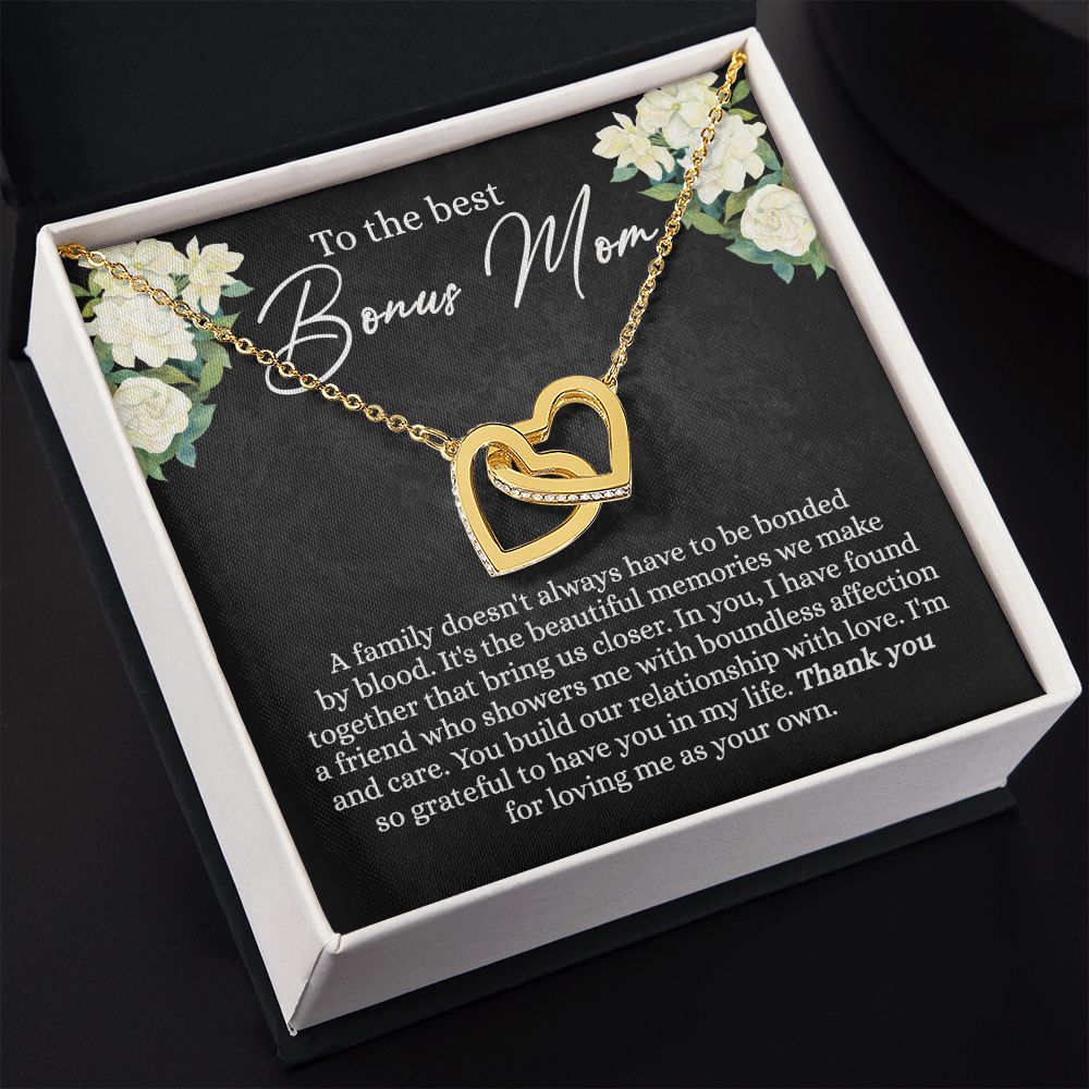 To My Bonus Mom Necklace, Bonus Mom Gift Idea, Bonus Mom Necklace from Daughter Son, Step Mom Gift for Mothers Day Birthday Christmas, Sentimental Jewelry for Women Interlocking Hearts Necklace