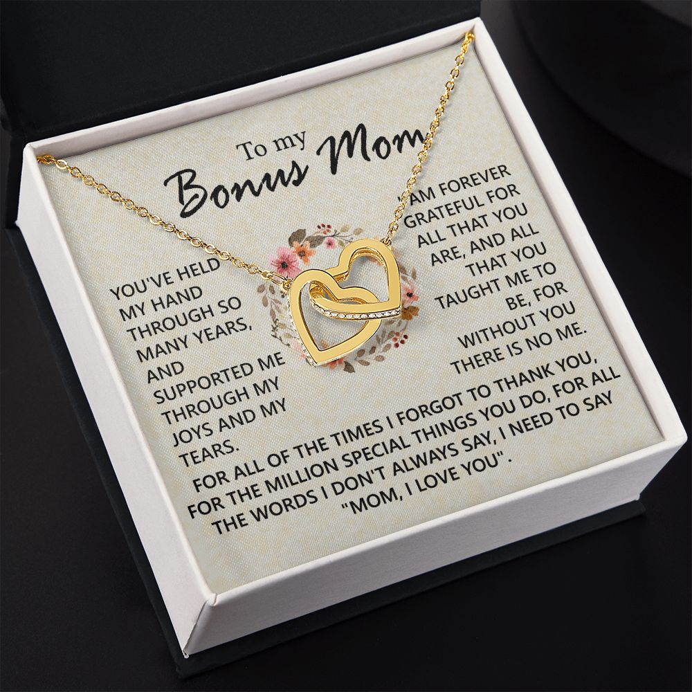 Bonus Mom Jewelry Gift for Stepmom, Foster Mom - Featuring Necklace With Meaningful Message Card & Gift Box for Birthday, Mother's Day Necklace for Bonus Mom Interlocking Hearts Necklace