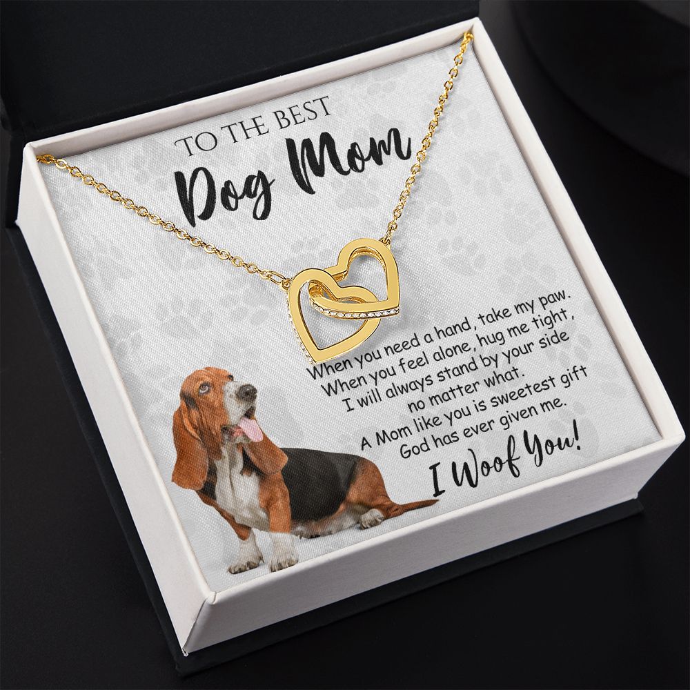 To The Best Basset Hound Dog Mom Knot Necklace Mother's Day Gift , I Woof You Quote Gift Card, Message Card Jewelry For Dog Lovers, Necklace For Mom Interlocking Hearts Necklace
