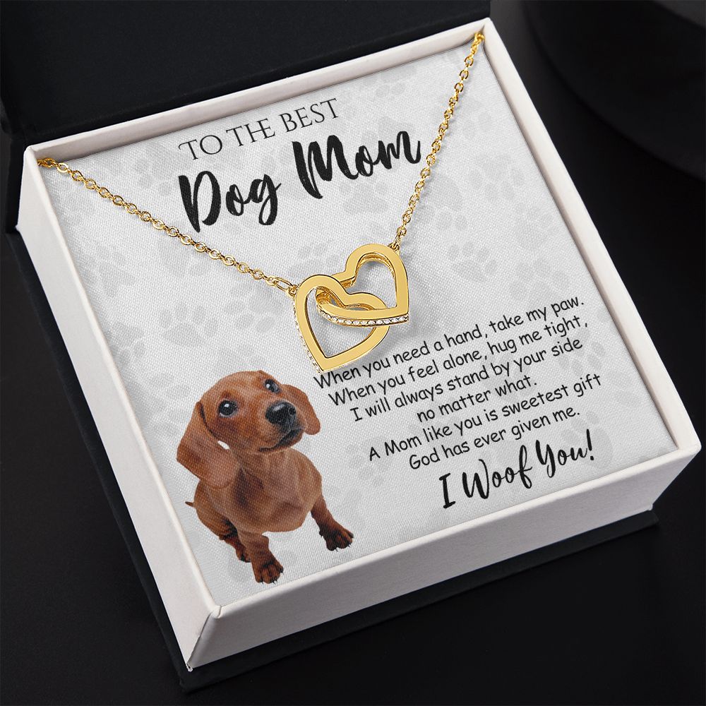 To The Best Dachshund Dog Mom Knot Necklace Mother's Day Gift , I Woof You Quote Gift Card, Message Card Jewelry For Dog Lovers, Necklace For Mom Interlocking Hearts Necklace