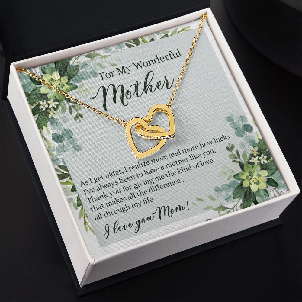 To My Wonderful Mother Necklace Message Card, Gift Box for Mom Birthday Gift From Daughter Mothers Day Necklace for Mom Gift From Daughter Mom Gifts For Mom Thank You Gift For Mom Interlocking Hearts Necklace