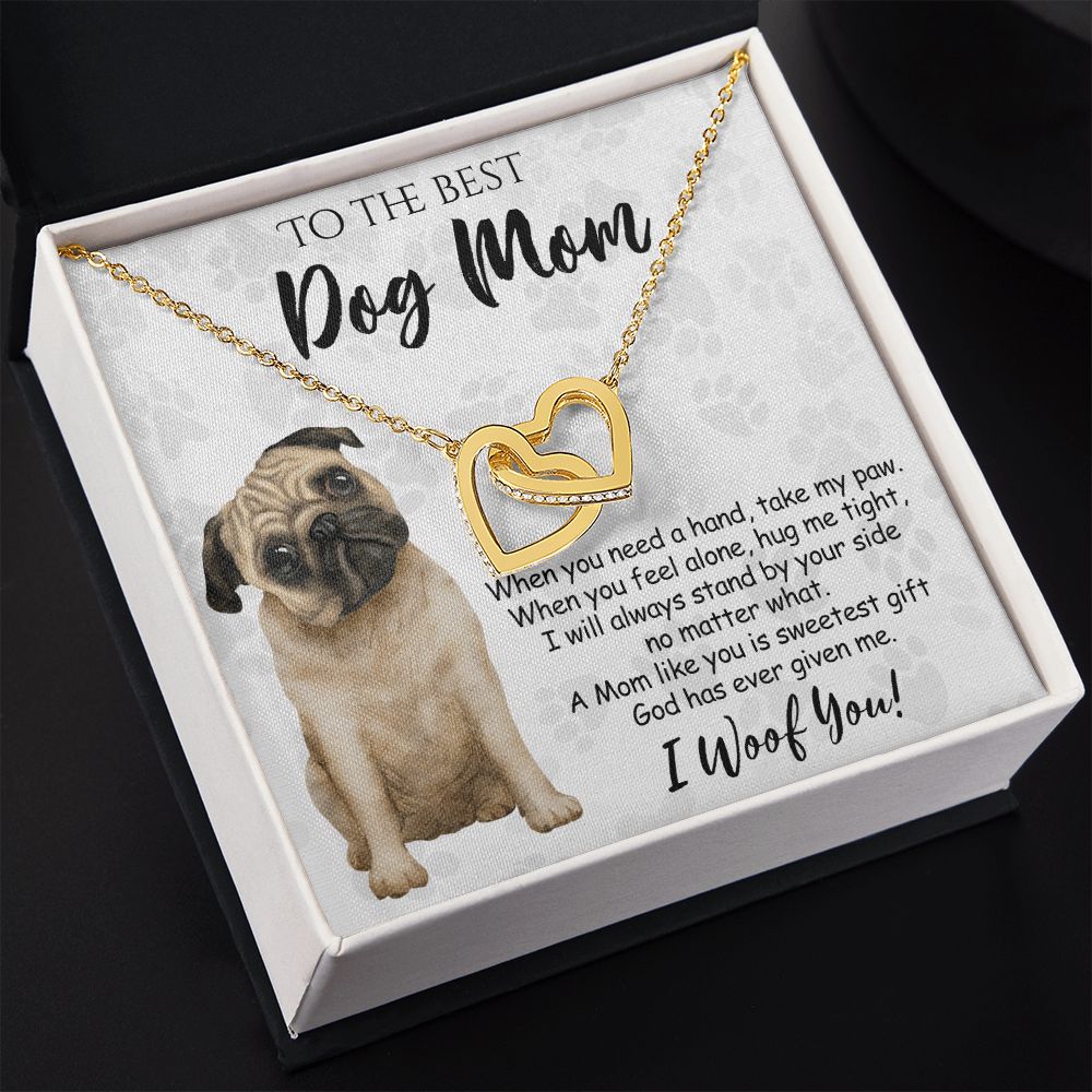 To The Best Pug Dog Mom Knot Necklace Mother's Day Gift , I Woof You Quote Gift Card, Message Card Jewelry For Dog Lovers, Necklace For Mom Interlocking Hearts Necklace