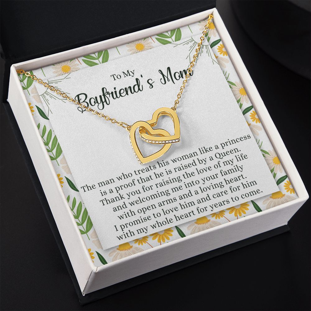 To My Boyfriend's Mom Necklace with Message Card Box, Boyfriends Mom Gift Necklace for Boyfriends Mom Mother Girlfriends to Boyfriend Mom Gift for Mom of Boyfriend Custom Message Card Interlocking Hearts Necklace