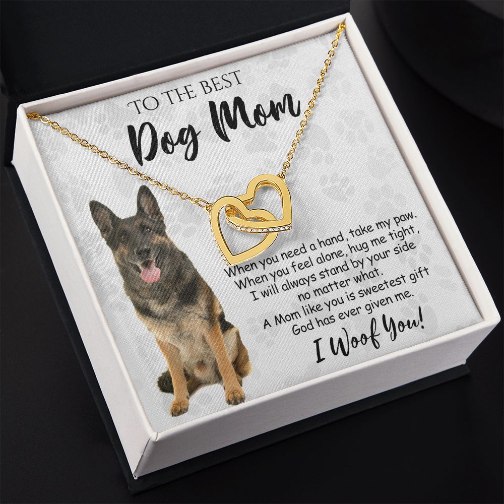 To The Best German Shepherd Dog Mom Knot Necklace Mother's Day Gift , I Woof You Quote Gift Card, Message Card Jewelry For Dog Lovers, Necklace For Mom Interlocking Hearts Necklace