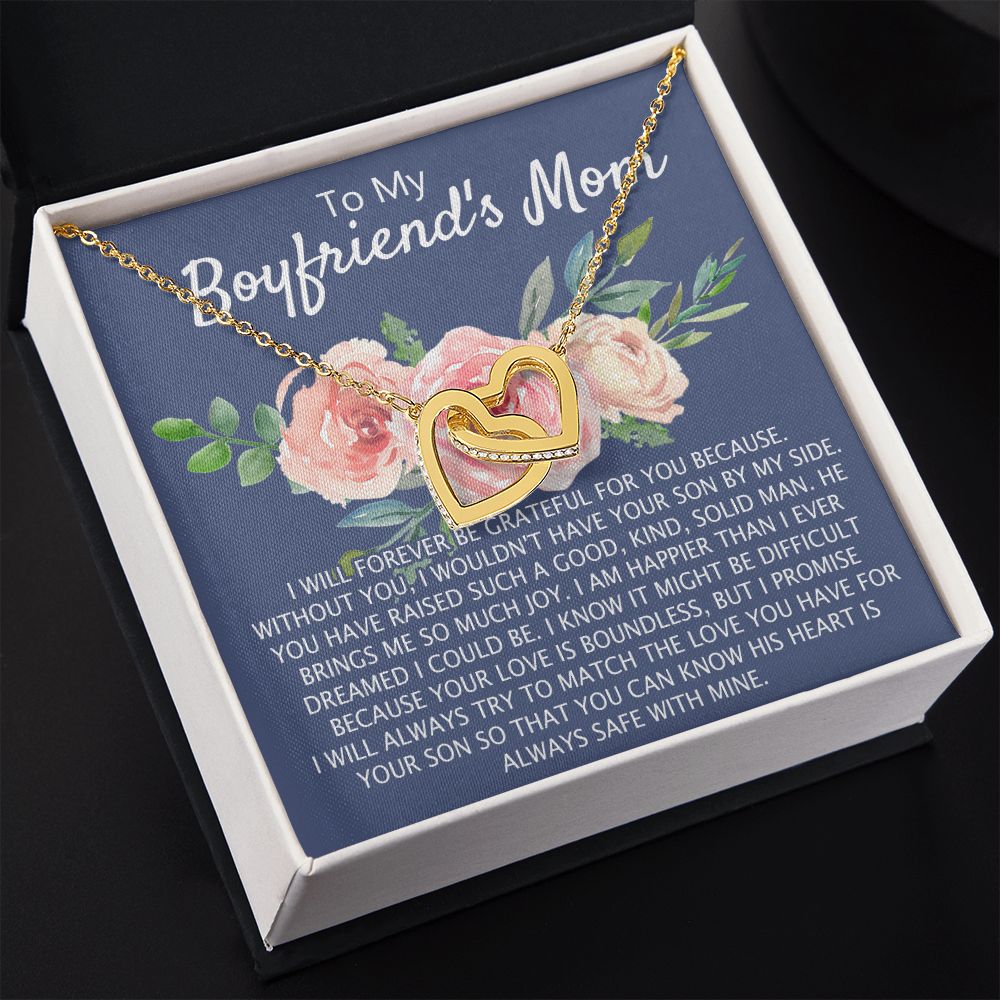 To My Boyfriend's Mom Necklace Pendant Jewelry Gift for Boyfriend's Mom on Mothers Day Birthday Present Jewelry Gift Box for Boyfriend's Mom Gift Personalized Custom Necklace for Women Interlocking Hearts Necklace