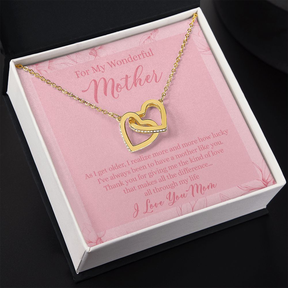 To My Wonderful Mother Necklace Message Card, Gift Box for Mom Birthday Gift From Daughter Mothers Day Necklace for Mom Gift From Daughter Mom Gifts For Wedding Mom Thank You Gift For Mom Interlocking Hearts Necklace