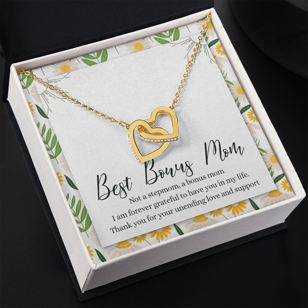 To My Best Bonus Mom Necklace Message Card, Jewelry for Bonus Mom Gift, Step Mom Wedding Gift for Stepmother Of The Bride Gift Thank You For Bonus Mom Necklace for Stepmom Wedding Gift Interlocking Hearts Necklace