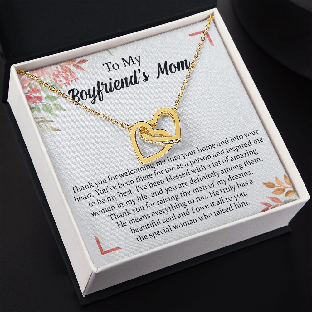 To My Boyfriend's Mom Necklace, Thank You for Raising Man Necklace, Gift to My Boyfriend's Mom for Mothers Day Birthday, Christmas, Going Away, Retirement Jewelry for Women Interlocking Hearts Necklace