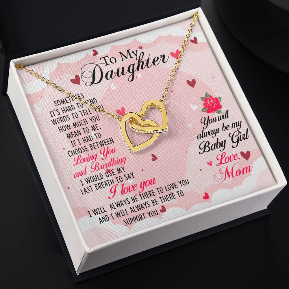 To my Daughter Necklace Pendant Gift From Mom Loving You And Breathing With Message Card Gift Box Gift For To Daughter, Daughter In Law On Birthday Anniversary Interlocking Hearts Necklace