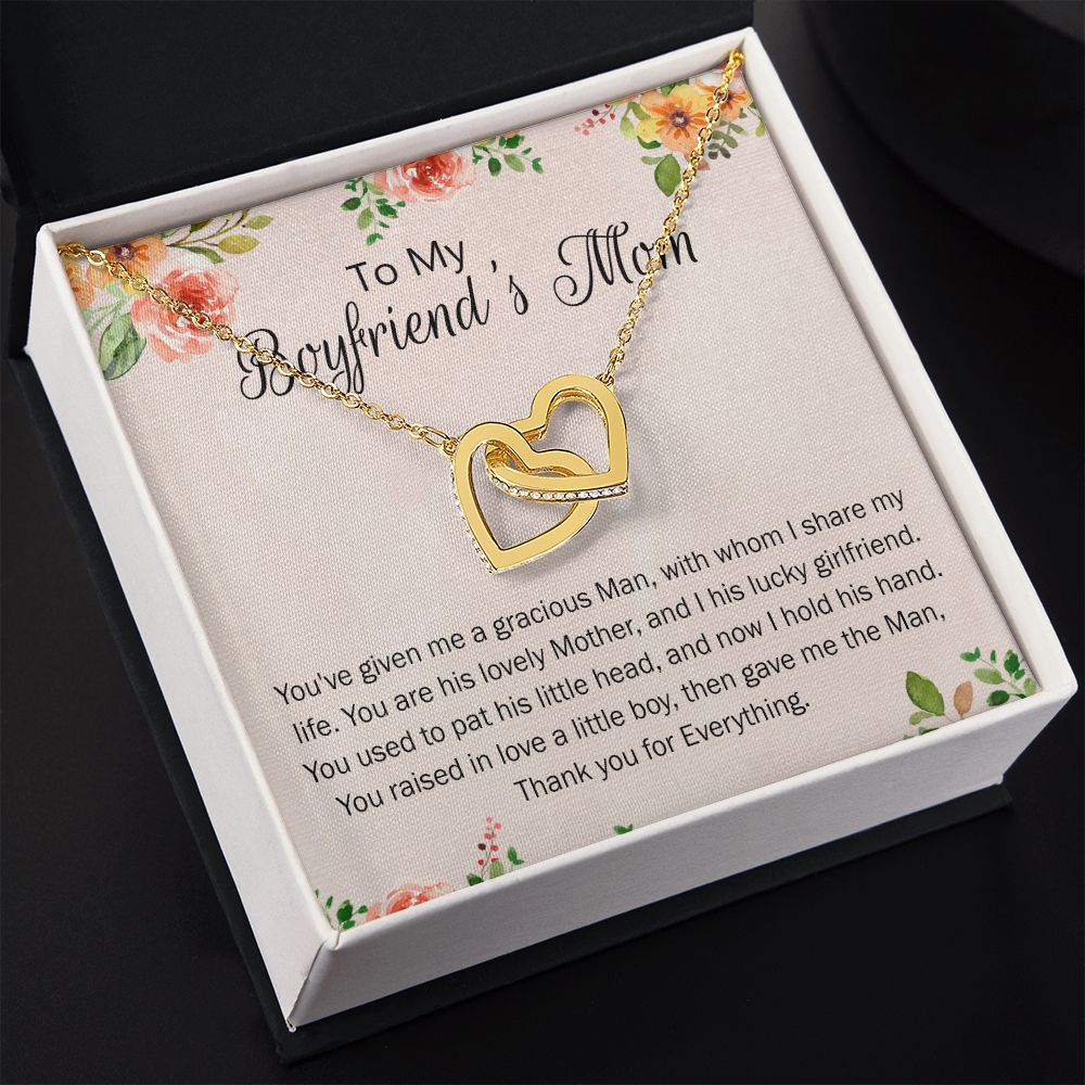 To My Boyfriend's Mom Necklace Pendant Jewelry for Boyfriend's Mom on Mothers Day Birthday Present with Message Card and Gift Box for Boyfriend's Mom Gift Necklace for Women Interlocking Hearts Necklace