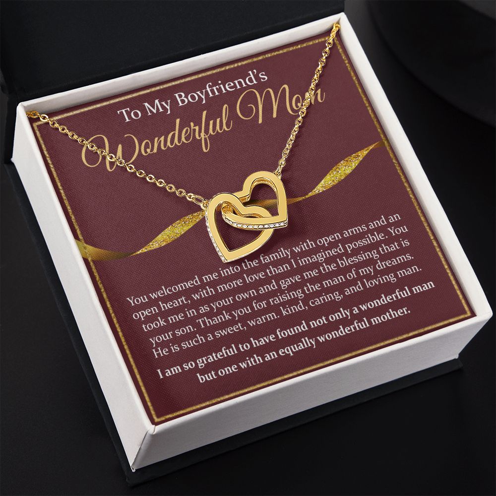 To My Boyfriend's Mom Necklace Mother in Law Jewelry Gift for Christmas Birthday Mother's Day Gift Jewelry Box and Message Card to Boyfriends Mother Gift from Girlfriend Interlocking Hearts Necklace