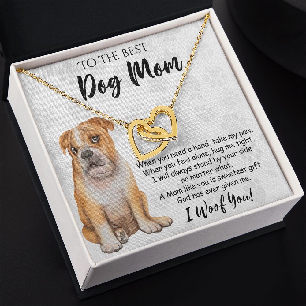 To The Best BullDog Mom Knot Necklace Mother's Day Gift , I Woof You Gift Card, Message Card Jewelry For Dog Lovers, Necklace For Mom Interlocking Hearts Necklace