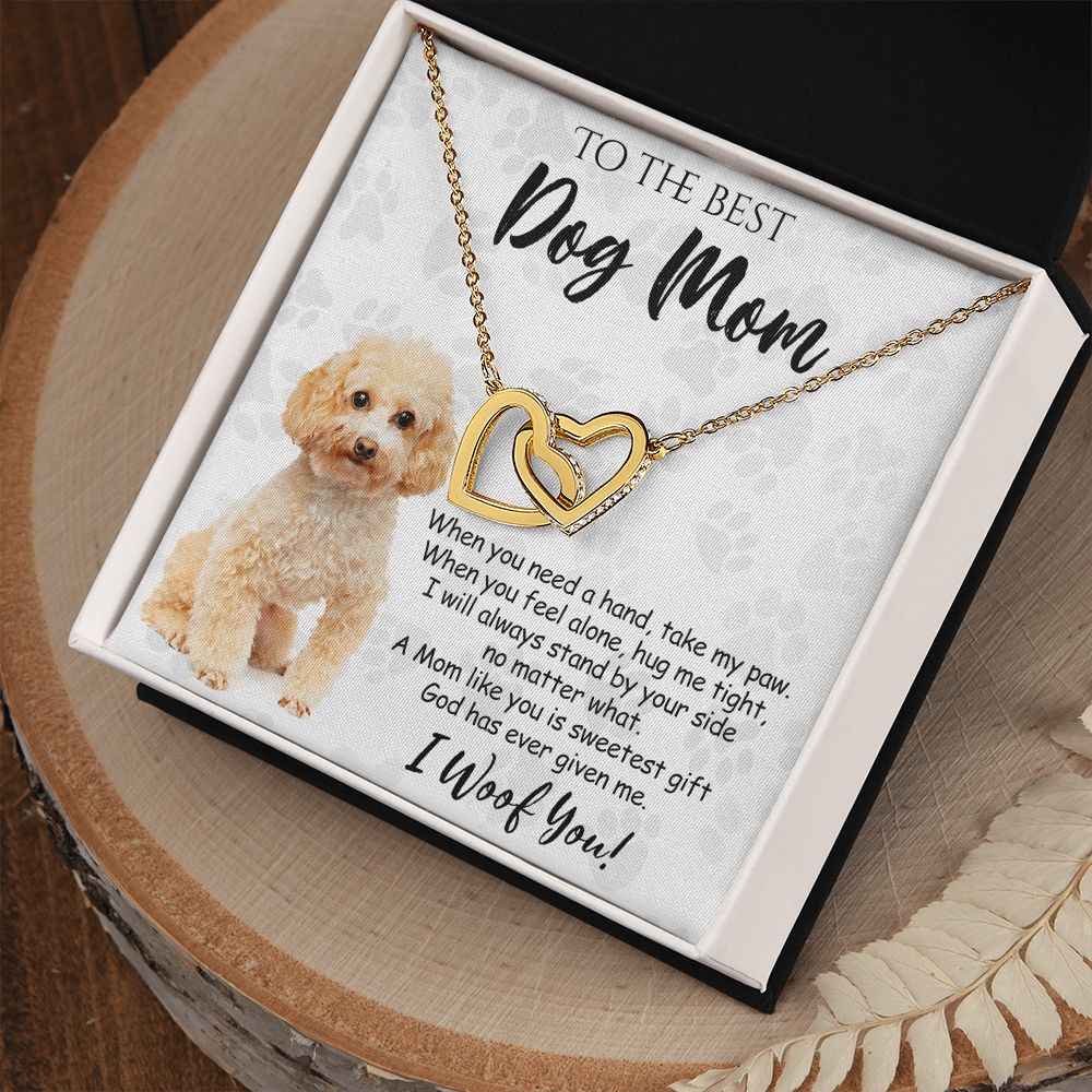 To The Best Poodle Dog Mom Knot Necklace Mother's Day Gift , I Woof You Quote Gift Card, Message Card Jewelry For Dog Lovers, Necklace For Mom Interlocking Hearts Necklace