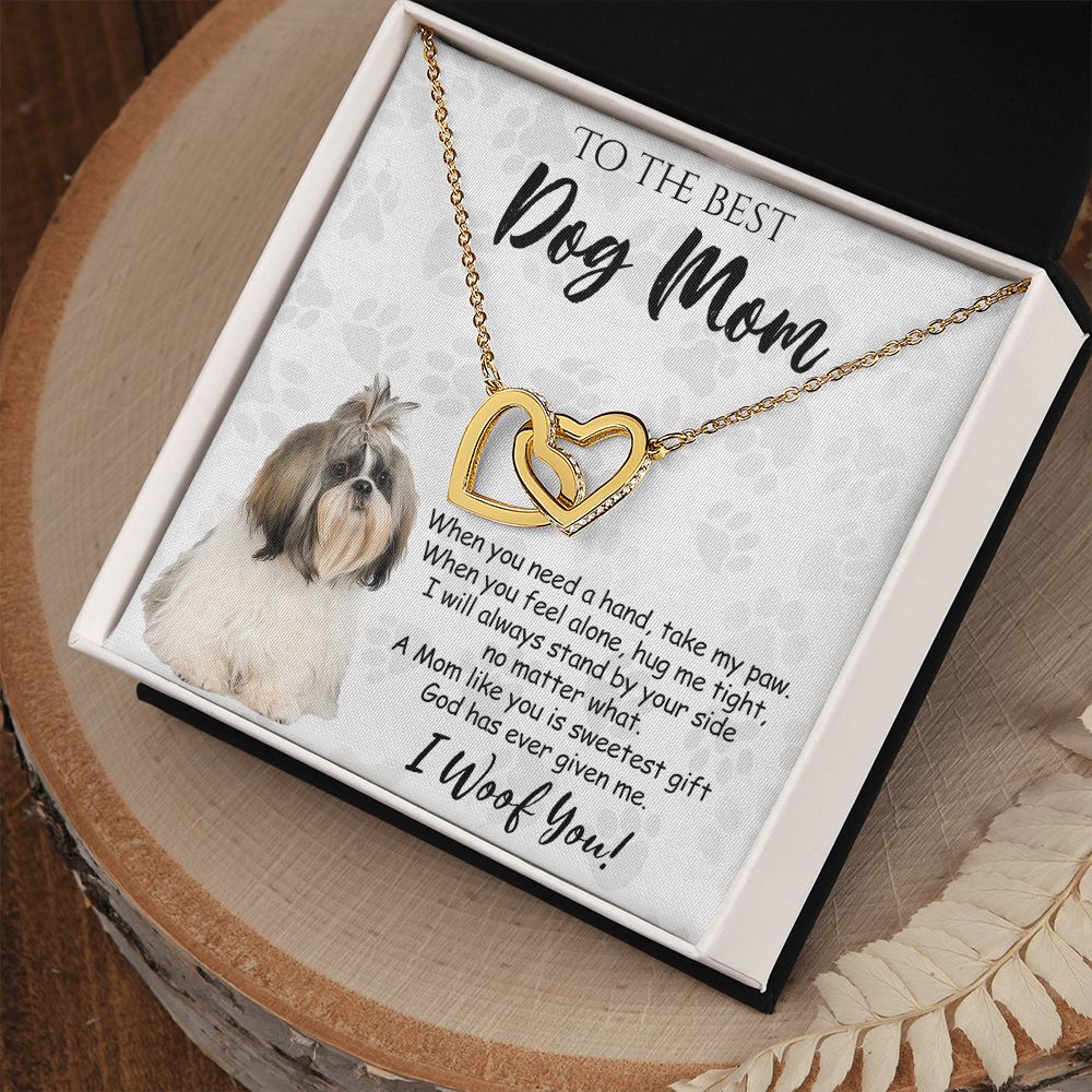 To The Best Shih Tzu Dog Mom Knot Necklace Mother's Day Gift , I Woof You Quote Gift Card, Message Card Jewelry For Dog Lovers, Necklace For Mom Interlocking Hearts Necklace