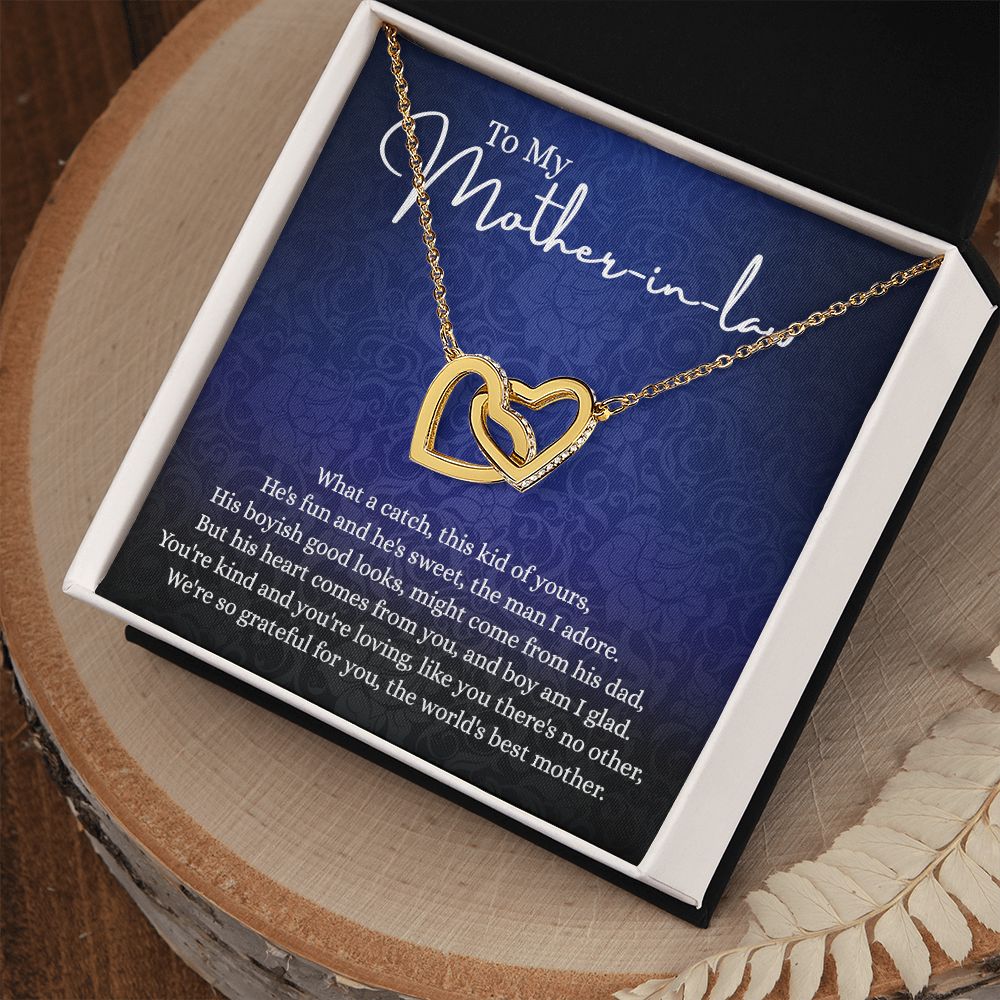To My Mother in Law Necklace, Gift for Mother in Law Jewelry Box, Gift Card, Necklace for Mother in Law Jewelry Gift to My Mother-in-law on Wedding Day Mother's day gift for Mother in Law Interlocking Hearts Necklace