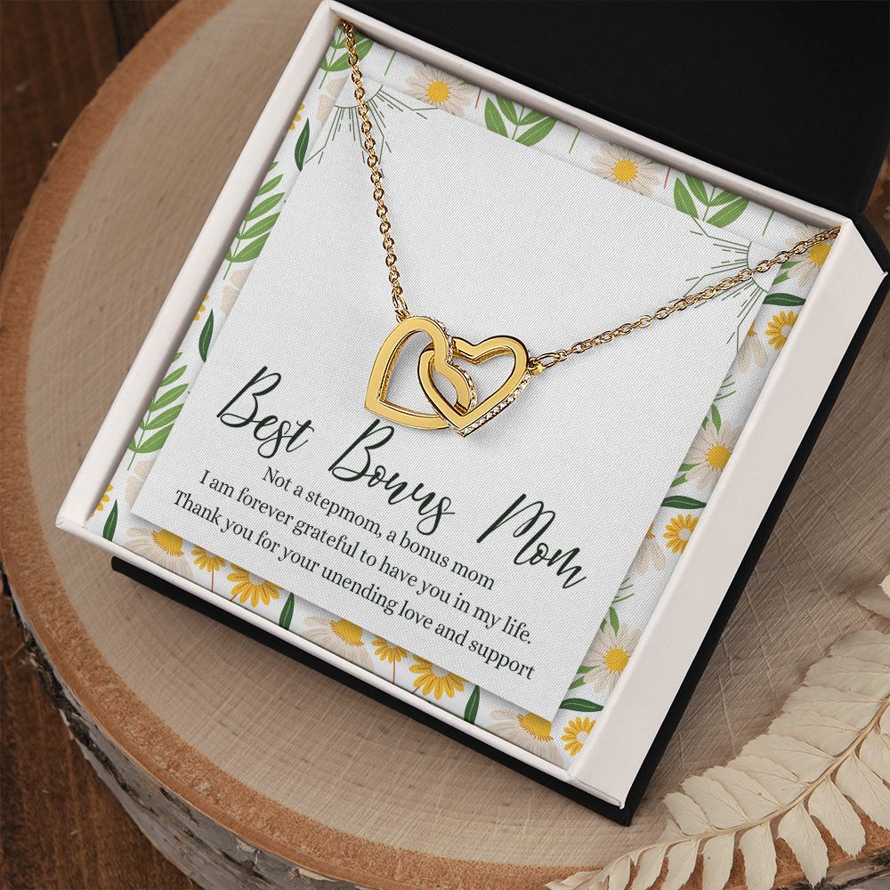 To My Best Bonus Mom Necklace Message Card, Jewelry for Bonus Mom Gift, Step Mom Wedding Gift for Stepmother Of The Bride Gift Thank You For Bonus Mom Necklace for Stepmom Wedding Gift Interlocking Hearts Necklace
