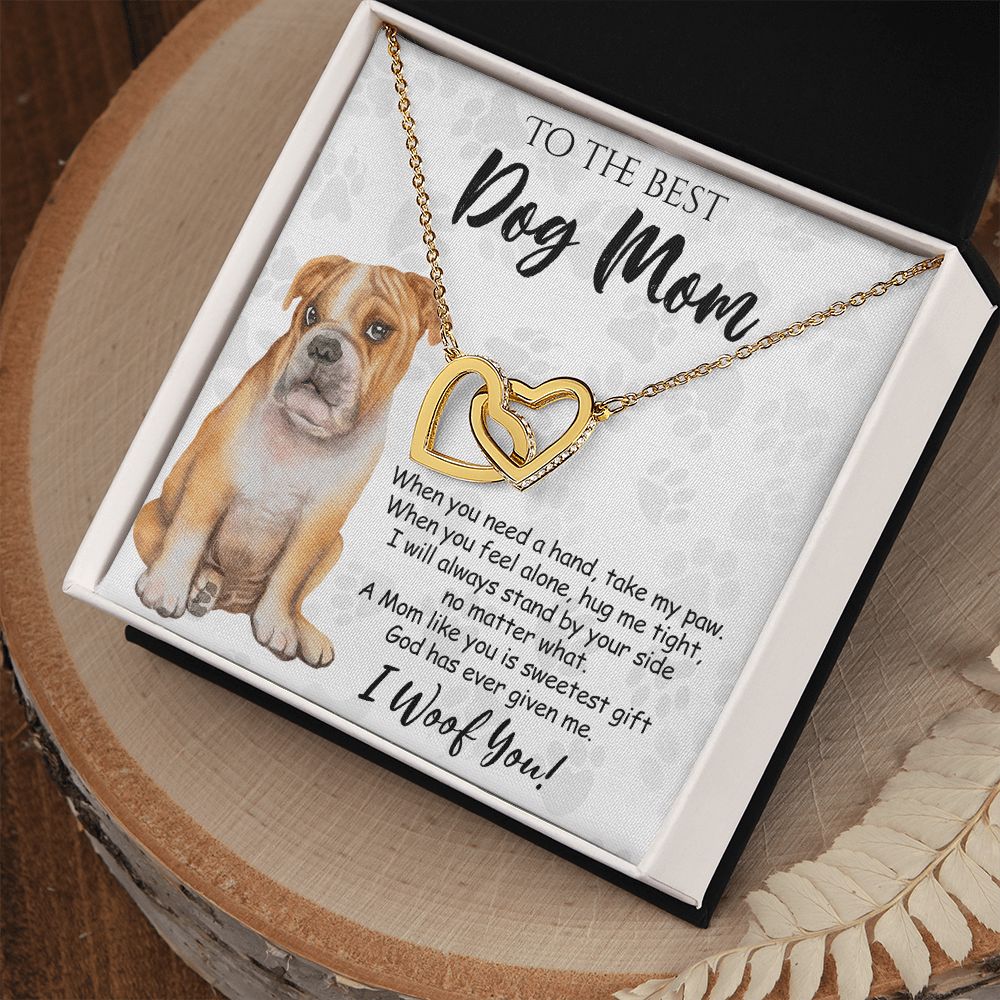 To The Best BullDog Mom Knot Necklace Mother's Day Gift , I Woof You Gift Card, Message Card Jewelry For Dog Lovers, Necklace For Mom Interlocking Hearts Necklace