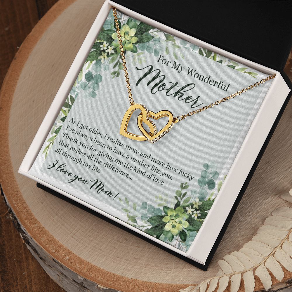 To My Wonderful Mother Necklace Message Card, Gift Box for Mom Birthday Gift From Daughter Mothers Day Necklace for Mom Gift From Daughter Mom Gifts For Mom Thank You Gift For Mom Interlocking Hearts Necklace
