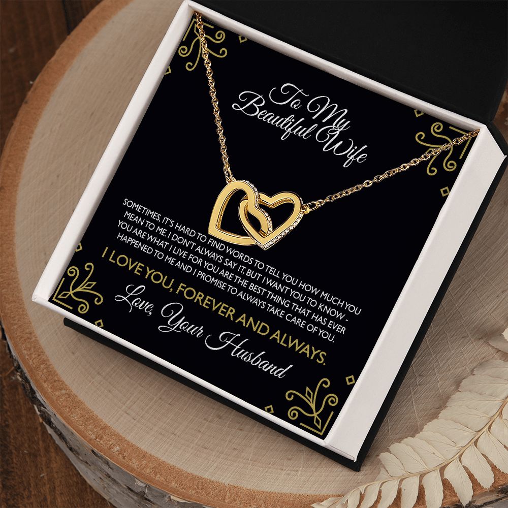 To My Beautiful Wife Necklace From Husband Interlocking Heart Necklace Pendant Jewelry with Message Card and Box Necklaces for Women Valentines Day Happy Anniversary Present for Birthday Merry Christmas for Wife