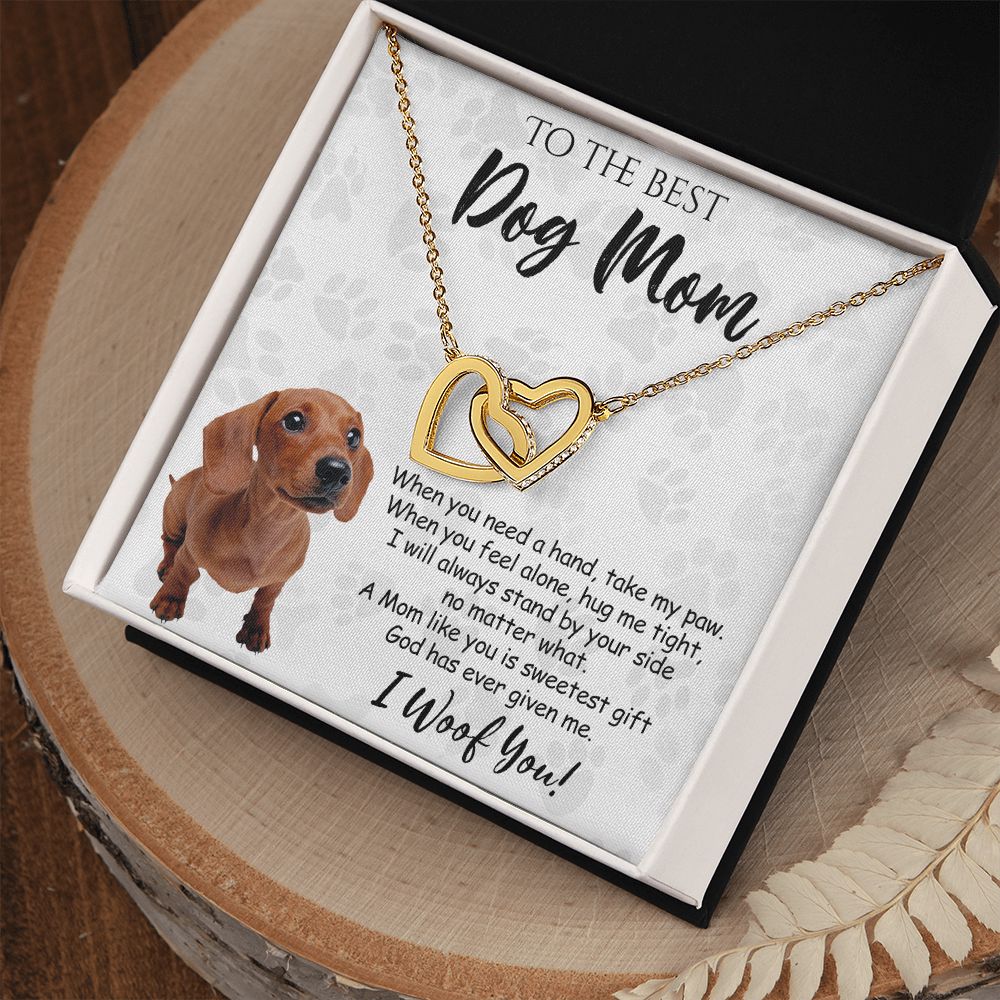 To The Best Dachshund Dog Mom Knot Necklace Mother's Day Gift , I Woof You Quote Gift Card, Message Card Jewelry For Dog Lovers, Necklace For Mom Interlocking Hearts Necklace
