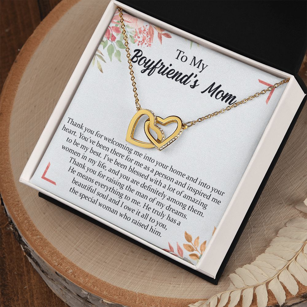 To My Boyfriend's Mom Necklace, Thank You for Raising Man Necklace, Gift to My Boyfriend's Mom for Mothers Day Birthday, Christmas, Going Away, Retirement Jewelry for Women Interlocking Hearts Necklace