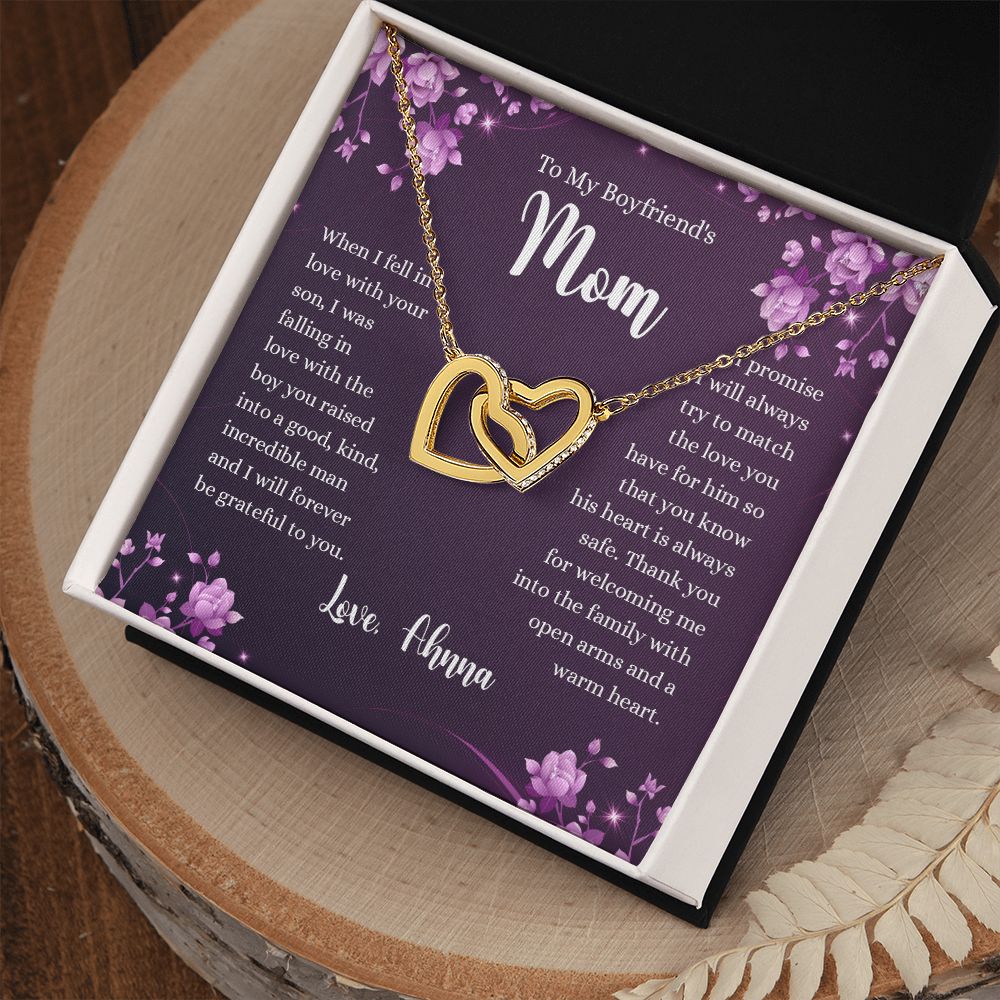 To My Boyfriends Mom Necklace with Message Card Jewelry Custom Card Necklace for Boyfriends Moms Birthday Gift For Boyfriend’s Mom, Mother’s Day Gift Jewelry for Boyfriends Mom Interlocking Hearts Necklace