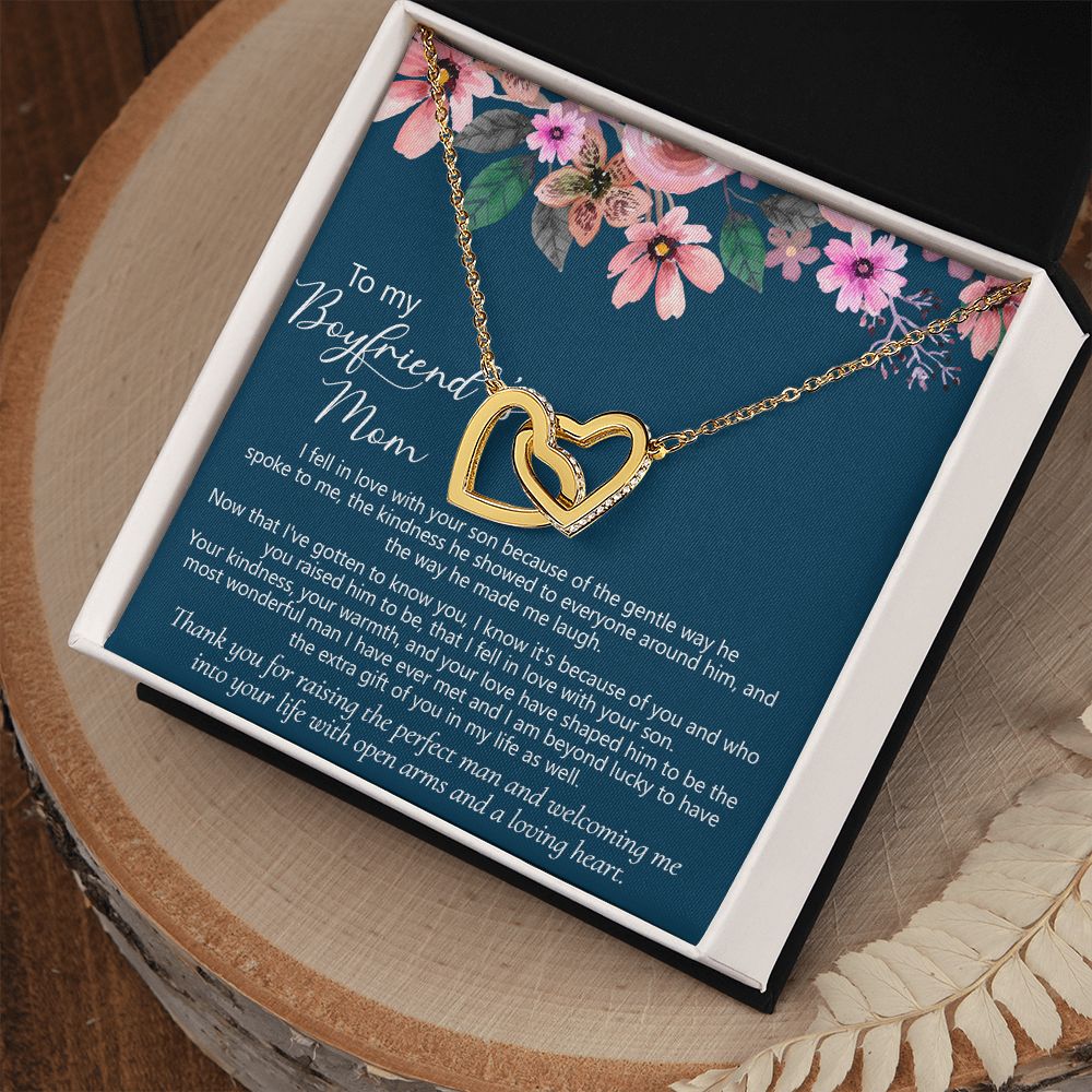 To My Boyfriend's Mom Gift Boyfriend Mother Solid Gold Necklace for Christmas Birthday Mother's Day, Message Card to Mother in Law Interlocking Hearts Necklace