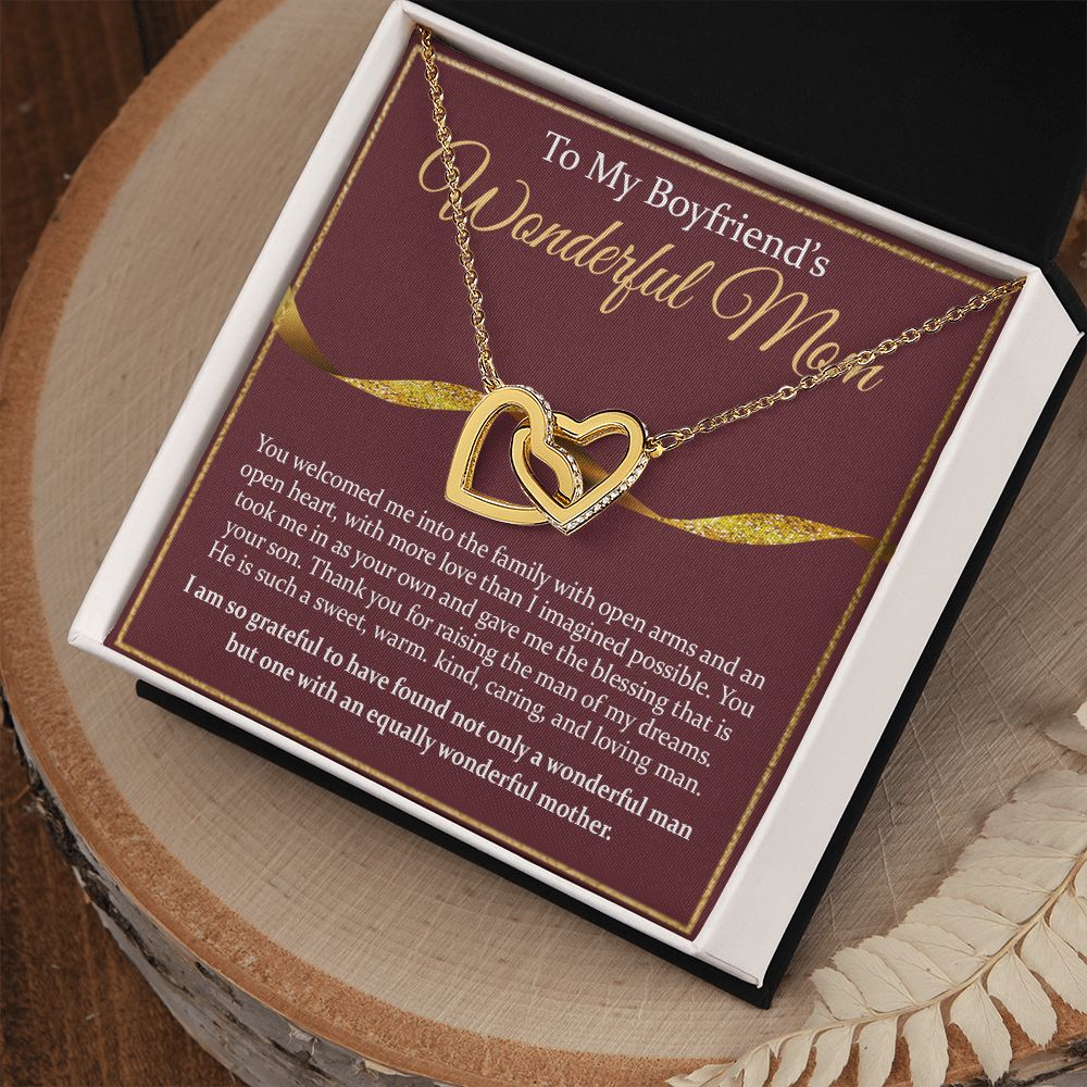 To My Boyfriend's Mom Necklace Mother in Law Jewelry Gift for Christmas Birthday Mother's Day Gift Jewelry Box and Message Card to Boyfriends Mother Gift from Girlfriend Interlocking Hearts Necklace