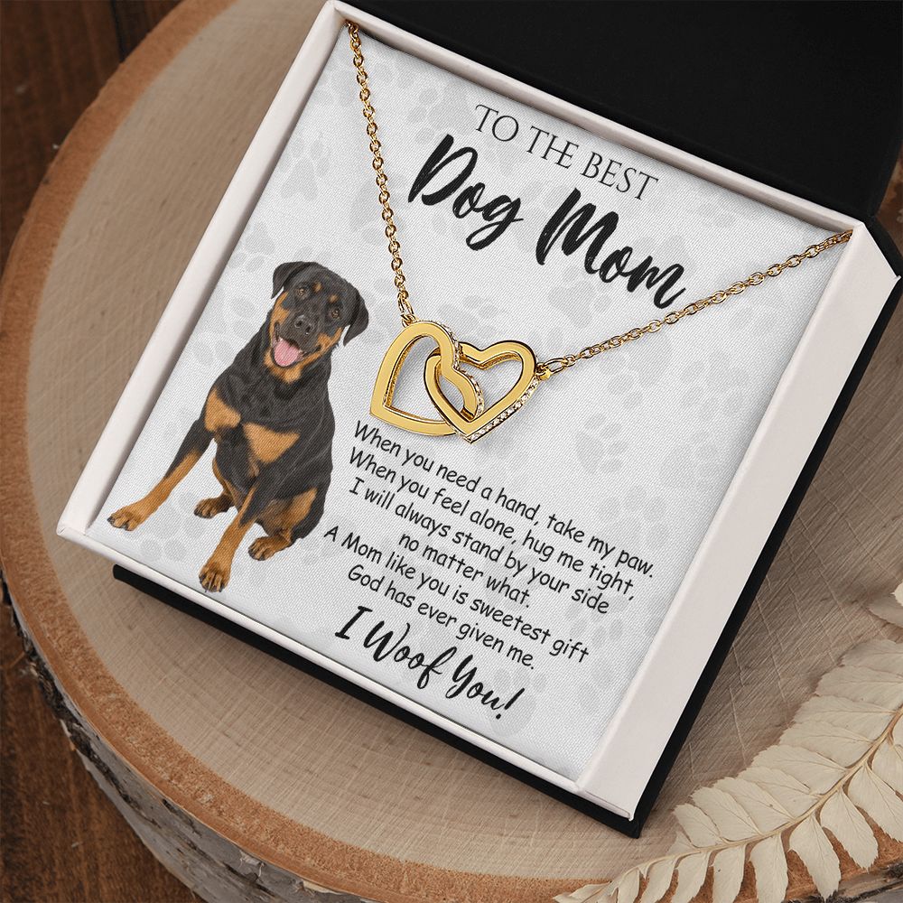 To The Best Rottweiler Dog Mom Knot Necklace Mother's Day Gift , I Woof You Quote Gift Card, Message Card Jewelry For Dog Lovers, Necklace For Mom Interlocking Hearts Necklace