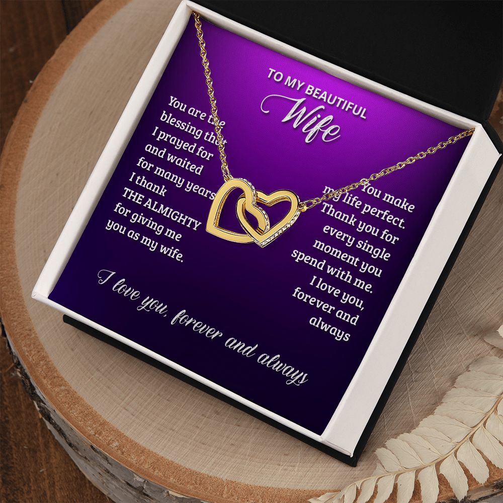 Gifts For Wife Romantic, Wife Birthday Gift Ideas, To My Beautiful Wife Necklace, Interlocking Hearts Necklace For Wife From Husband, Message Card and Gift Box
