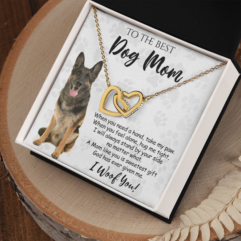 To The Best German Shepherd Dog Mom Knot Necklace Mother's Day Gift , I Woof You Quote Gift Card, Message Card Jewelry For Dog Lovers, Necklace For Mom Interlocking Hearts Necklace