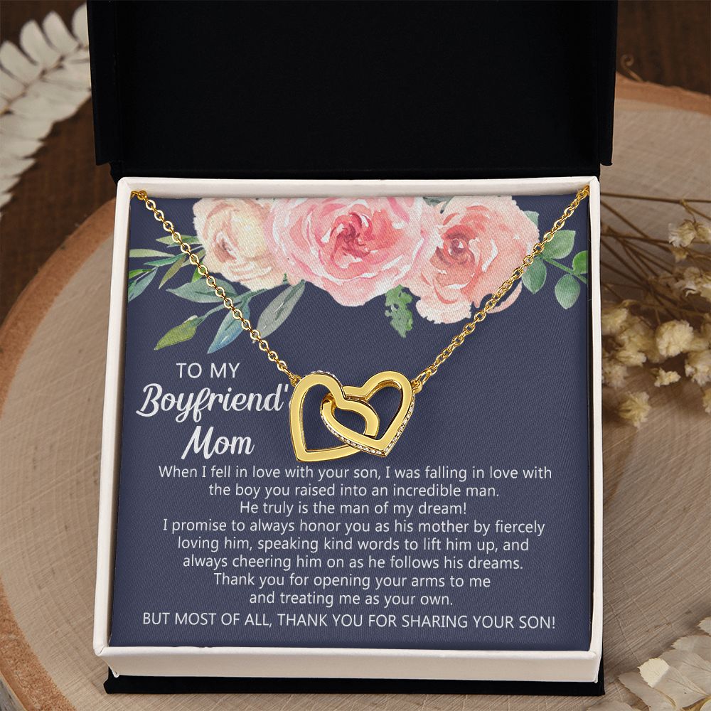 Personalized Gift for Boyfriends Mom, Boyfriends Mom Gift, Message Card Jewelry, To My Boyfriend's Mom Necklace with Message Card, Birthday Mother's Day Necklace for Boyfriend Mother Interlocking Hearts Necklace