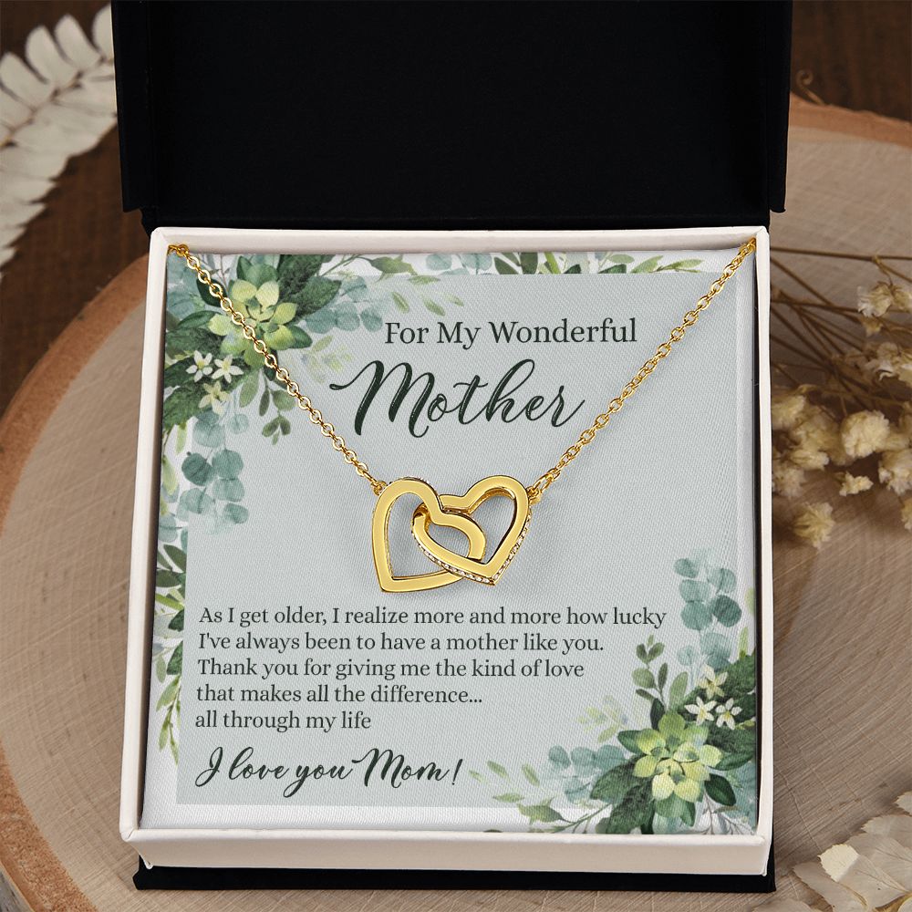 To My Wonderful Mother Necklace Message Card, Gift Box for Mom Birthday Gift From Daughter Mothers Day Necklace for Mom Gift From Daughter Mom Gifts For Mom Thank You Gift For Mom Interlocking Hearts Necklace