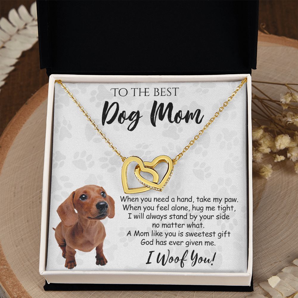 To The Best Dachshund Dog Mom Knot Necklace Mother's Day Gift , I Woof You Quote Gift Card, Message Card Jewelry For Dog Lovers, Necklace For Mom Interlocking Hearts Necklace