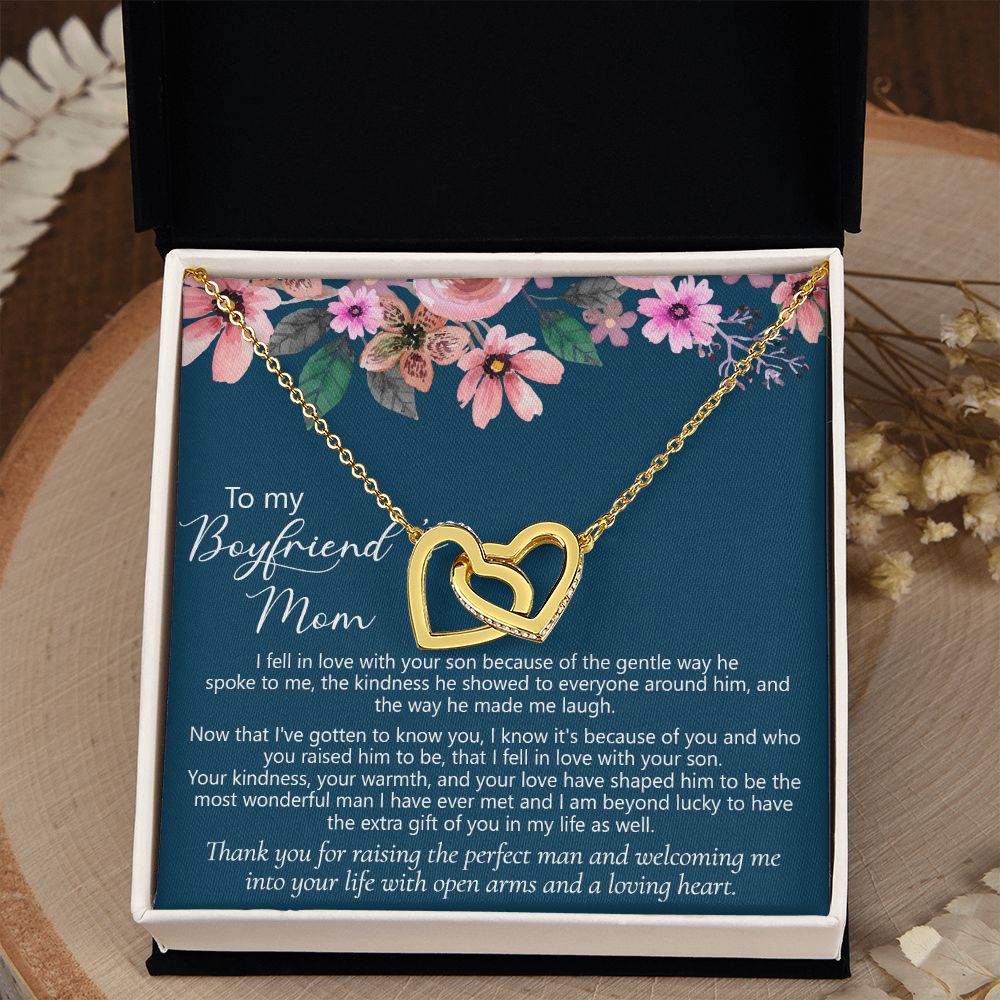 To My Boyfriend's Mom Gift Boyfriend Mother Solid Gold Necklace for Christmas Birthday Mother's Day, Message Card to Mother in Law Interlocking Hearts Necklace