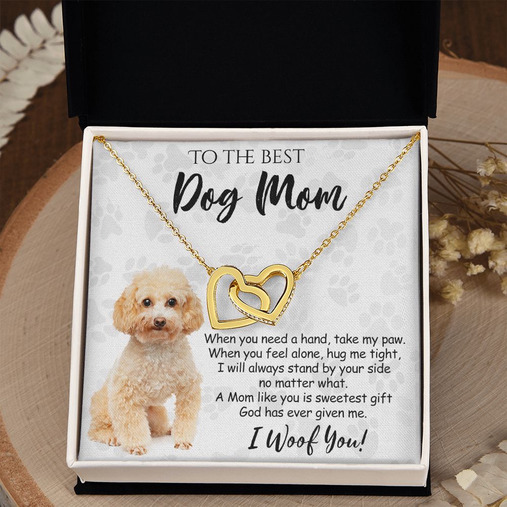 To The Best Poodle Dog Mom Knot Necklace Mother's Day Gift , I Woof You Quote Gift Card, Message Card Jewelry For Dog Lovers, Necklace For Mom Interlocking Hearts Necklace