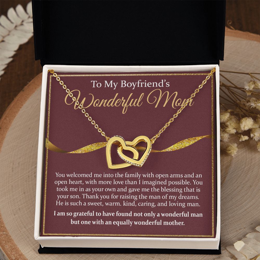 To My Boyfriend's Mom Necklace Mother in Law Jewelry Gift for Christmas Birthday Mother's Day Gift Jewelry Box and Message Card to Boyfriends Mother Gift from Girlfriend Interlocking Hearts Necklace