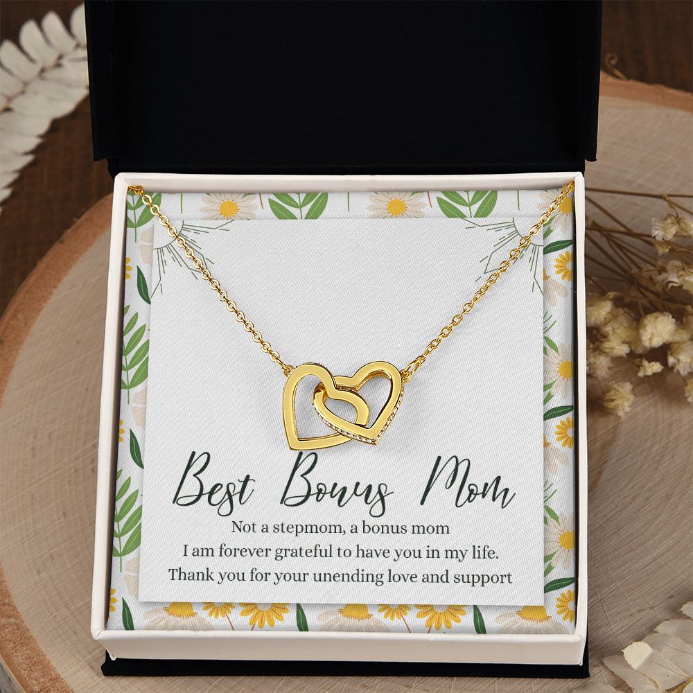 To My Best Bonus Mom Necklace Message Card, Jewelry for Bonus Mom Gift, Step Mom Wedding Gift for Stepmother Of The Bride Gift Thank You For Bonus Mom Necklace for Stepmom Wedding Gift Interlocking Hearts Necklace